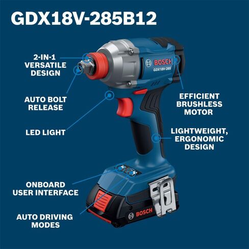 BOSCH GDX18V-285B12 18V عزم دوران متوسط ​​بدون فرش 2 في 1 طقم مفتاح ربط/مفك - عزم دوران 2500 رطل، عزم دوران منفصل 360 قدم، 0-3600 تأثير/دقيقة، يتضمن بطارية 2 أمبير ومجموعة بدء الشاحن in Kuwait