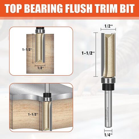 EASEWORK TOOL Flush Trim Router Bit 1/4 بوصة عرقوب، قطعة قالب محمل علوي من الكربيد من الدرجة الاحترافية للأعمال الخشبية، قطر 1/2 بوصة × عمق القطع 1-1/2 بوصة in Kuwait