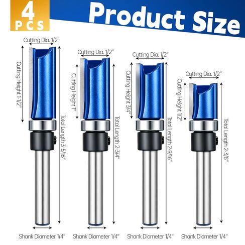 4 Pcs Pattern Flush Trim Router Bit Set 1/4 Inch Shank, Top Bearing Carbide Flush Trim Cut Router Bit Set for Woodworking, Cutting Diameter: 1/2", Cutting Length: 1/2", 3/4", 1", 1-1/2" in Kuwait