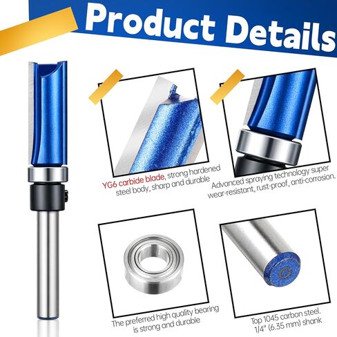 4 Pcs Pattern Flush Trim Router Bit Set 1/4 Inch Shank, Top Bearing Carbide Flush Trim Cut Router Bit Set for Woodworking, Cutting Diameter: 1/2", Cutting Length: 1/2", 3/4", 1", 1-1/2" in Kuwait
