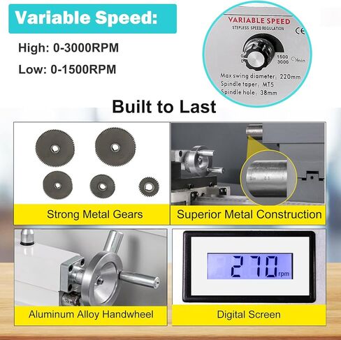 8.7"x 29.5" Metal Lathe Machine, with 1100W Brushless Motor, 0-3000RPM Variable Speed Power Benchtop Lathes Machine, Mini Torno Para Metal with LED Screen, 3-Jaw Chuck in Kuwait