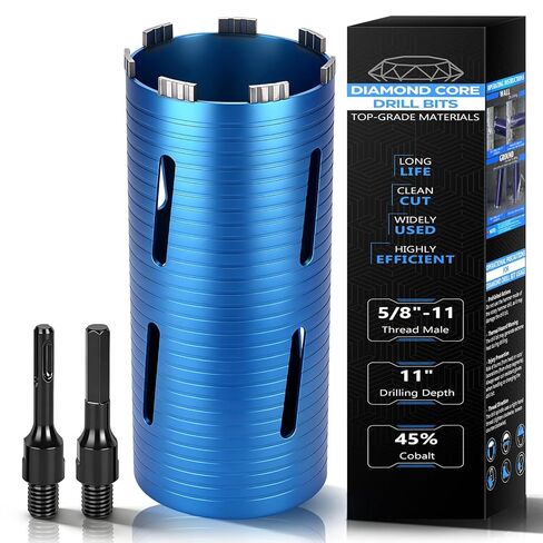 Diamond Core Drill Bit 1 1/2" Diameter, 11" Drilling Depth, 45% Cobalt HRC 70 Dry Concrete Drill Bit, 5/8"-11 Thread, Laser Welded Core Bits with SDS Plus and Hex Adapter for Concrete, Masonry, Brick in Kuwait