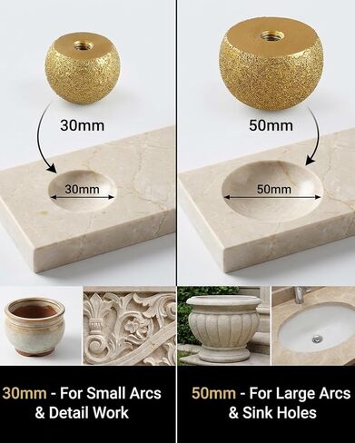 2PCS Spherical Diamond Grinding Bit (30mm & 50mm), M10 Thread Mushroom Head for Stone Carving, Internal Arc Abrasive Bits for for Stone Flowerpots,Cobblestone,Granite,Marble Rock Planters in Kuwait