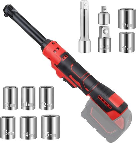 Cordless Ratchet for Milwaukee 18V Battery, 3/8" Electric Ratchet 18V Cordless Ratchet Wrench 74Ft-Lbs with Reinforced 6.3 inch Head, 1/2" and 1/4" Adapter, 3" Extension Bar (Total 11 ‎Accessories) in Kuwait