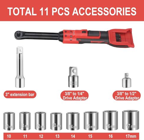 Cordless Ratchet for Milwaukee 18V Battery, 3/8" Electric Ratchet 18V Cordless Ratchet Wrench 74Ft-Lbs with Reinforced 6.3 inch Head, 1/2" and 1/4" Adapter, 3" Extension Bar (Total 11 ‎Accessories) in Kuwait
