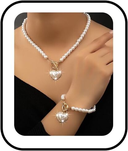 Pearl Heart Necklace Bracelet Set for Women Vintage Crystal Heart Pendant Charm Necklace Chunky Pearl Beaded Ot Toggle Clasp Choker Bracelet Dainty Bride Wedding Ball Jewelry in Saudi Arabia