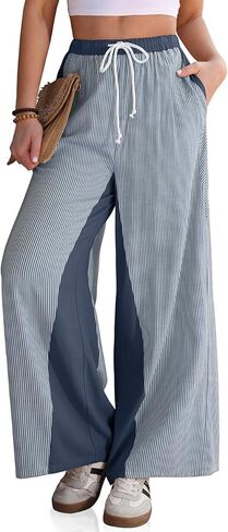 TARSE Women’s Linen Wide Leg Pants Striped Drawstring Elastic Waist Loose Fit Summer Boho Casual Trendy Pants with Pockets in Saudi Arabia