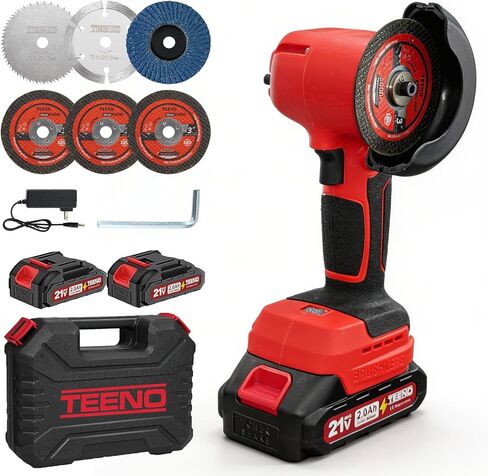TEENO 21V Cordless Angle Grinder Kit, 19,500 RPM Mini Electric Angle Grinding Tool with 2pcs 2.0Ah Batteries & 6 Discs, 3-Inch Handheld Grinder for Metal/Wood, Fence Repair & Outdoor DIY in Saudi Arabia