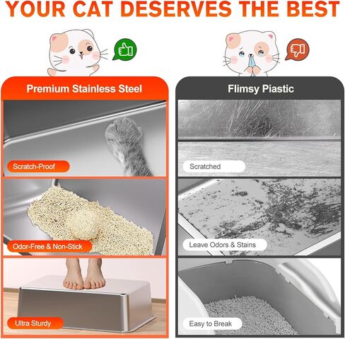 2pack 2pack الفولاذ المقاوم للصدأ القمامة ، صندوق القمامة المعدنية مع جوانب عالية ، XL صندوق فضلات كبير XL للقطط الكبيرة ، لا تمتص الروائح ، مقاومة للتسرب ، خالية من البقع ، خالية من الصدأ ، سهلة التنظيف ، مغرفة ، in Kuwait