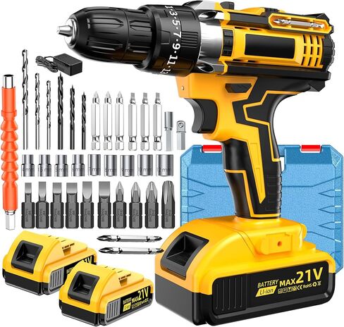21V Cordless Drill Driver: 3/8" Keyless Chuck, Electric Power Drill Set with 2 Batteries, Drill and Driver Bits, 25+1 Torque for Screwdriving, Drilling into Wood/Plastic/Metal in Kuwait