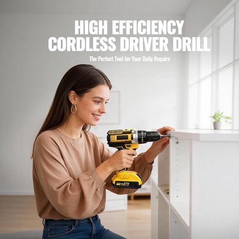 21V Cordless Drill Driver: 3/8" Keyless Chuck, Electric Power Drill Set with 2 Batteries, Drill and Driver Bits, 25+1 Torque for Screwdriving, Drilling into Wood/Plastic/Metal in Kuwait