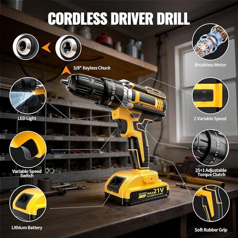21V Cordless Drill Driver: 3/8" Keyless Chuck, Electric Power Drill Set with 2 Batteries, Drill and Driver Bits, 25+1 Torque for Screwdriving, Drilling into Wood/Plastic/Metal in Kuwait