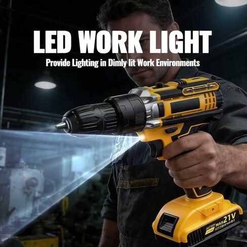 21V Cordless Drill Driver: 3/8" Keyless Chuck, Electric Power Drill Set with 2 Batteries, Drill and Driver Bits, 25+1 Torque for Screwdriving, Drilling into Wood/Plastic/Metal in Kuwait