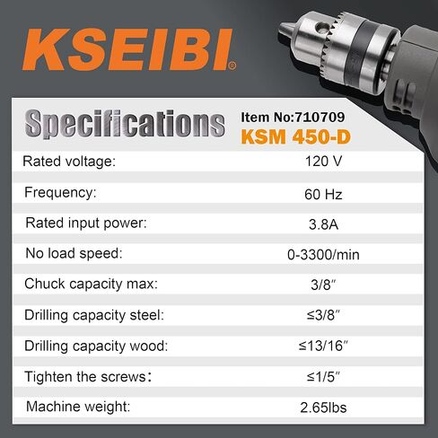 KSEIBI 3/8 بوصة مثقاب كهربائي سلكي قوة 3.8 أمبير متغير السرعة الزناد سرعة عالية 0-3300 دورة في الدقيقة، حامل حزام، وظيفة عكسية (مفتاح KSM 450-D) in Kuwait