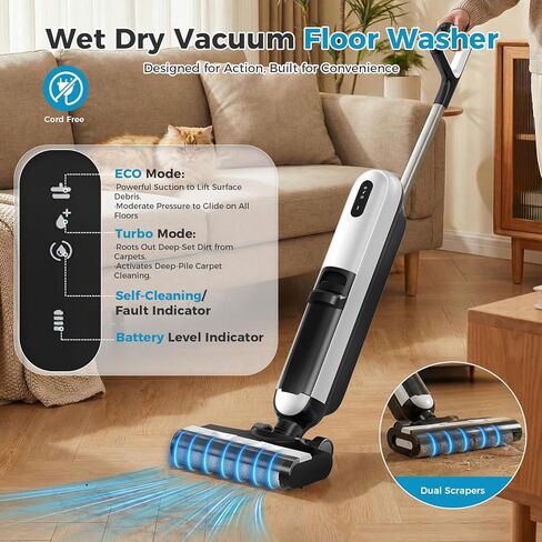 OLIXIS Wet Dry Vacuum Cleaner, Cordless All-in-One Vac Mops, Vacuum Mop with Self-Cleaning System, Dual Water Tank Design, Tangle-Free Brush, Dual-Edge Cleaning, 35-Min Runtime in Kuwait