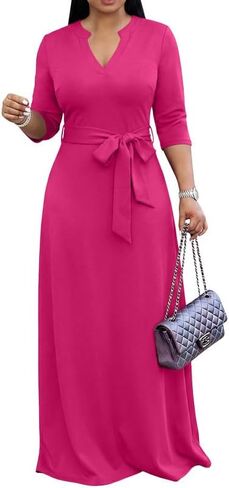MarryUP Elegant Church Maxi Dresses for Women Plus Size V-Neck 3/4 Sleeve Casual Fall Dress with Pockets in Saudi Arabia
