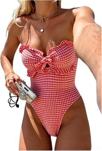 GORGLITTER Women's Cutout Tie Knot Bandeau One Piece Swimsuits Gingham Ruffle Trim Sleeveless Strapless Bathing Suits in Saudi Arabia
