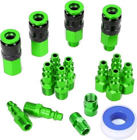 17 Pieces Aluminum Air Fittings, 1/4" NPT Air Coupler and Plug Kit, Industrial Quick Connector Set, Air Compressor Accessories, Green in Kuwait