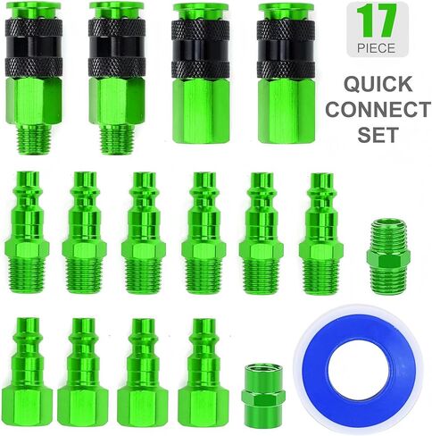 17 Pieces Aluminum Air Fittings, 1/4" NPT Air Coupler and Plug Kit, Industrial Quick Connector Set, Air Compressor Accessories, Green in Kuwait
