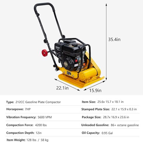 ماكينة مدك لوحة 7HP من GarveeHome، محرك غاز 212CC، مدك ضغط اهتزازي 4200 رطل، ماكينة مدك قوة اللوحة 22.1x15.9 بوصة، ضاغط الرصيف 5600 VPM، مكبس جاك القفز للممرات، الرصف in Kuwait