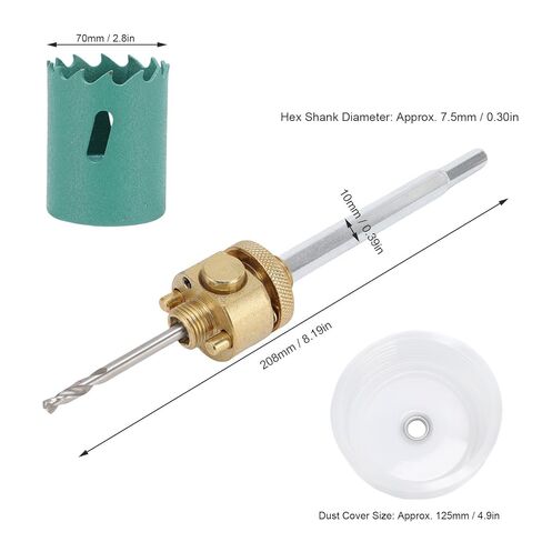 Eujgoov Hole Saw Drill Bit, Quick Disassembly Hex Shank Connecting Rod with 125mm Dust Cover for Gypsum Wood Board Alloy Steel Hole Opener (70mm / 2.8in Saw) in Kuwait