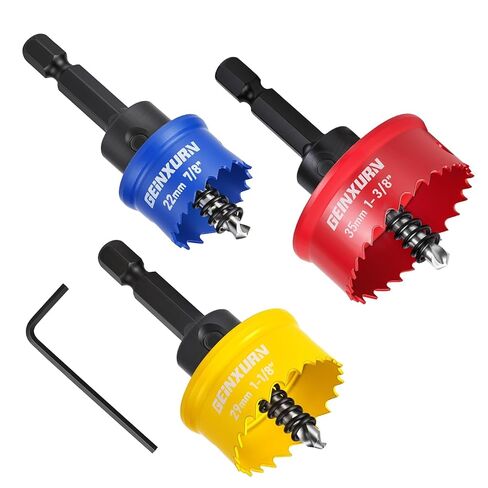 Geinxurn 7/8", 1-1/8", 1-3/8" Small Hole Saw Set, 4 Pcs M42 Steel Bi-Metal Hex Shank Hole Cutter Kit with Pilot Drill Bit & L-Wrench, Fast Cutting for Thin Metal, Electrical Panel, Fire Protection Pip in Kuwait