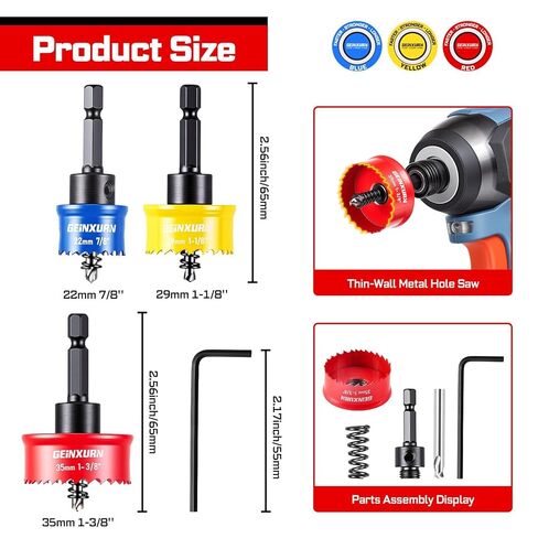 Geinxurn 7/8", 1-1/8", 1-3/8" Small Hole Saw Set, 4 Pcs M42 Steel Bi-Metal Hex Shank Hole Cutter Kit with Pilot Drill Bit & L-Wrench, Fast Cutting for Thin Metal, Electrical Panel, Fire Protection Pip in Kuwait