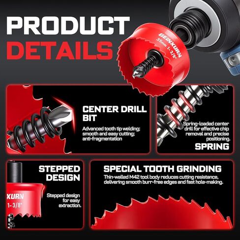 Geinxurn 7/8", 1-1/8", 1-3/8" Small Hole Saw Set, 4 Pcs M42 Steel Bi-Metal Hex Shank Hole Cutter Kit with Pilot Drill Bit & L-Wrench, Fast Cutting for Thin Metal, Electrical Panel, Fire Protection Pip in Kuwait