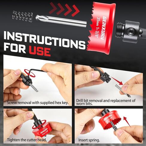 Geinxurn 7/8", 1-1/8", 1-3/8" Small Hole Saw Set, 4 Pcs M42 Steel Bi-Metal Hex Shank Hole Cutter Kit with Pilot Drill Bit & L-Wrench, Fast Cutting for Thin Metal, Electrical Panel, Fire Protection Pip in Kuwait
