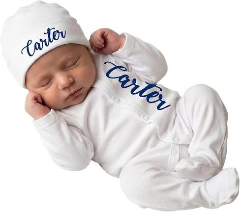 New Baby Boy Heat Transfer Vinyl Personalized Footie One Piece Romper with Script Name Coming Home Outfit in Saudi Arabia