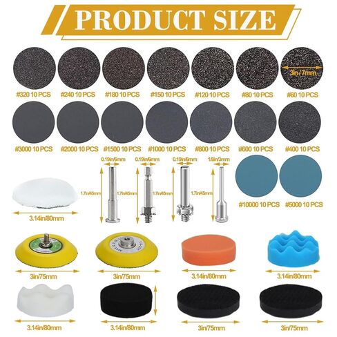 174 PCS 3 Inch Wet Dry Sanding Discs Grit 60 80 120 150 180 240 320 400 600 800 1000 1500 2000 3000 5000 10000 Hook and Loop for Car Wood Metal Glass Resin Expoxy Drill Sanding Attachment in Kuwait