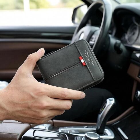 Leather Wallets for Men with Zipper, Wear-resistant Bifold Wallet for Men with ID Window, Card Cases & Money Organizers, Coffee brown in Saudi Arabia