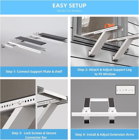 Window AC Support Bracket, No-Drill No-Tool Air Conditioner Support Bracket Adjustable Wall Mount, Heavy Duty Steel Holds Up to 300lbs, Fits Single Or Double Hung Windows, White in Kuwait