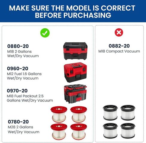 4 عبوات من مرشحات الفراغ المتوافقة مع Milwaukee Shop Vac M18 Wet Dry 49-90-1900 0780-20 0880-20 مرشحات بديلة in Kuwait