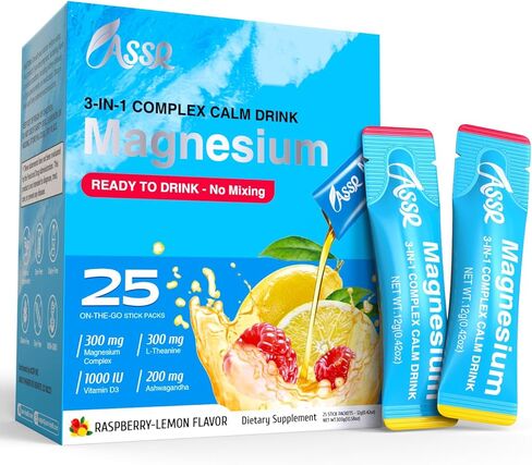 ASSR Pure Calm Cortisol Reducer Drink Sleep Aid Supplement, Ready to Drink No Mix, Triple Magnesium Glycinate, Malate, Citrate, Ashwagandha, L Theanine, Vitamin D, Sleep Relax Focus Mood Support, 30ct in Saudi Arabia