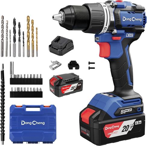 Dong Cheng 20V Brushless Hammer Drill, 796 in-lbs, 1/2" Keyless Metal Chuck, 19+1+1 Clutch, Cordless with 2 * 4.0Ah Battery Kit for Drilling Brick Wall, Metal, Wood in Kuwait