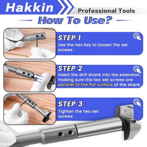 قطعتان من Hakkin مقاس 7 بوصات و10 بوصات ملحق لقمة فورستنر لـ 3/8 بوصة، وصلة منشار ثقب لإضافة أكثر من 5-3/4 إلى 8-3/4 بوصة من عمق الحفر، لقمة مثقاب فورستنر مع مفتاح ربط ضغط تشاك (10+13 مم) in Kuwait