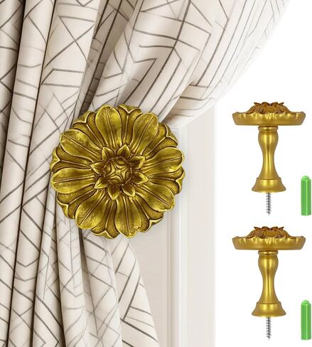 Remunkia Vintage Curtain Holdbacks Wall Mounted, 2-Pack Medallion Resin Gold Curtain Holdbacks, Classic and Useful Curtain Hooks for Drapes, Window Treatment Holdbacks (Daisy Gold, 2) in Saudi Arabia