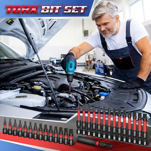 DIYSELF 29 قطعة مجموعة لقم توركس الأمنية للسائق المؤثر T5 – TT40 S2 فولاذ 1 بوصة و2 بوصة لقم أمان مع حامل مغناطيسي 1/4 بوصة سداسية عرقوب ستار بت مجموعة لقم سائق لإصلاح السيارات والإلكترونيات in Kuwait