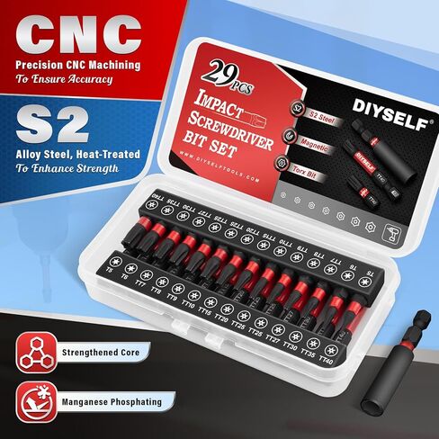 DIYSELF 29 قطعة مجموعة لقم توركس الأمنية للسائق المؤثر T5 – TT40 S2 فولاذ 1 بوصة و2 بوصة لقم أمان مع حامل مغناطيسي 1/4 بوصة سداسية عرقوب ستار بت مجموعة لقم سائق لإصلاح السيارات والإلكترونيات in Kuwait