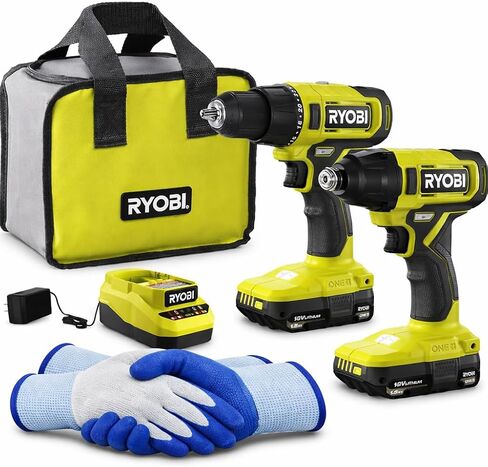 RYOBI Drill Impact Driver Combo Kit 18V ONE+ Cordless 2-Tool Set with Batteries Charger Tool Bag + Gloves in Kuwait