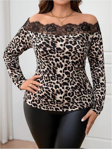 Floerns Women's Plus Size Leopard Print Lace Trim Off Shoulder Tee Shirts Y2K Long Sleeve Tops in Saudi Arabia