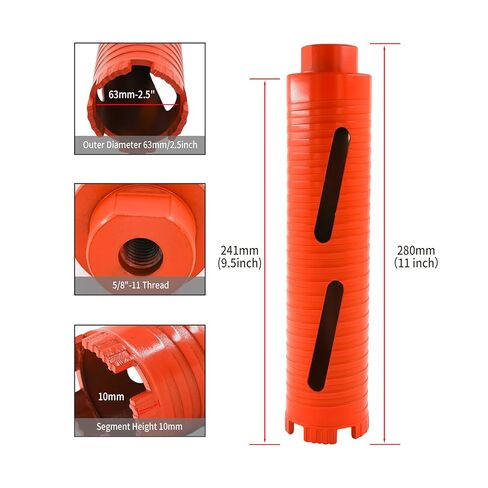 2-1/2" (64mm) Dry Diamond Core Drill Bit for Concrete & Brick, 5/8"-11 Thread, 11" Length, 10mm Turbo Segments Height, with 2 Adapters, Heavy-Duty Hole Saw for Masonry, Wall & Block in Kuwait