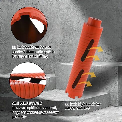 2-1/2" (64mm) Dry Diamond Core Drill Bit for Concrete & Brick, 5/8"-11 Thread, 11" Length, 10mm Turbo Segments Height, with 2 Adapters, Heavy-Duty Hole Saw for Masonry, Wall & Block in Kuwait