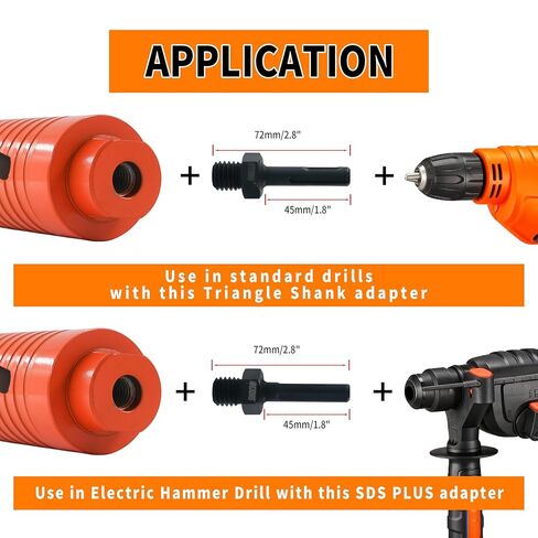2-1/2" (64mm) Dry Diamond Core Drill Bit for Concrete & Brick, 5/8"-11 Thread, 11" Length, 10mm Turbo Segments Height, with 2 Adapters, Heavy-Duty Hole Saw for Masonry, Wall & Block in Kuwait