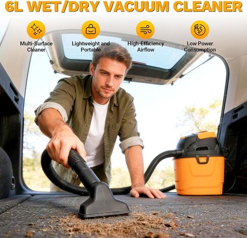 DEKOPRO Shop Vacuum Wet and Dry: 1.5 جالون 2 Peak HP Portable Small Shop Vac، مكنسة السيارة مع خرطوم 1-1/4 بوصة 4 قدم، سلك 6 قدم، متجر صغير للمنازل والحيوانات الأليفة والسيارات in Kuwait