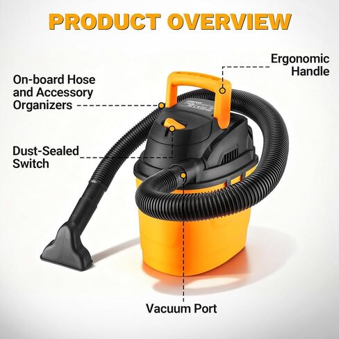 DEKOPRO Shop Vacuum Wet and Dry: 1.5 جالون 2 Peak HP Portable Small Shop Vac، مكنسة السيارة مع خرطوم 1-1/4 بوصة 4 قدم، سلك 6 قدم، متجر صغير للمنازل والحيوانات الأليفة والسيارات in Kuwait