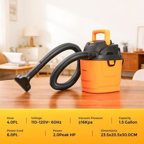DEKOPRO Shop Vacuum Wet and Dry: 1.5 جالون 2 Peak HP Portable Small Shop Vac، مكنسة السيارة مع خرطوم 1-1/4 بوصة 4 قدم، سلك 6 قدم، متجر صغير للمنازل والحيوانات الأليفة والسيارات in Kuwait