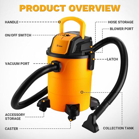 DEKOPRO Shop Vacuum Wet and Dry: 4 جالون 3 Peak HP Portable Shop vac، مكنسة السيارة مع خرطوم 1-1/4 بوصة 4 قدم، سلك 6 قدم، مكنسة كهربائية جافة ورطبة للمنازل والحيوانات الأليفة والسيارات in Kuwait