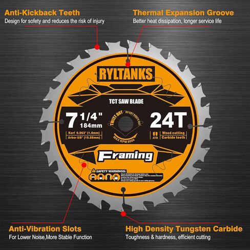 7-1/4 Inch Circular Saw Blade, 24T for Framing with 5/8" Arbor, Fast Wood Cutting, 10-Pack in Kuwait
